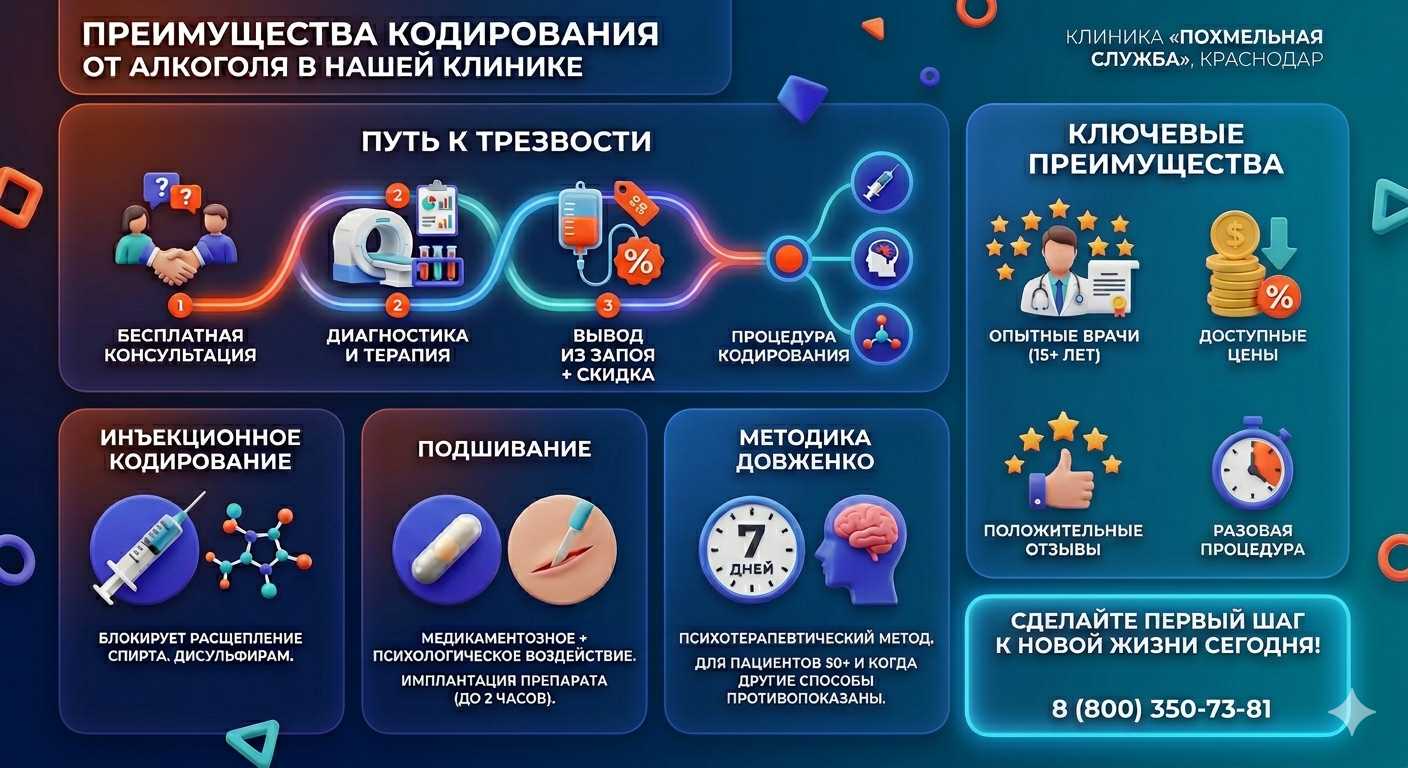Инфографика о методах кодирования от алкоголя в Табунах: инъекции, подшивание, метод Довженко. Преимущества клиники и этапы лечения.