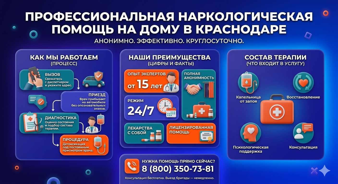 Инфографика о принципах лечения алкоголизма на дому в Табунах: этапы вызова нарколога, преимущества анонимной детоксикации и состав медицинской помощи.